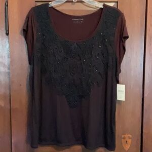 Coldwater Creek Embellished Cap Sleeve Blouse Black and Brown